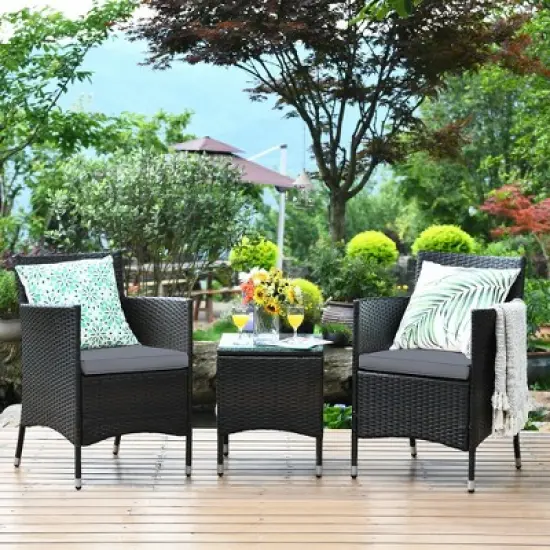 Costway Outdoor 3 PCS PE Rattan Wicker Furniture Sets Chairs  Coffee Table Garden image {10}
