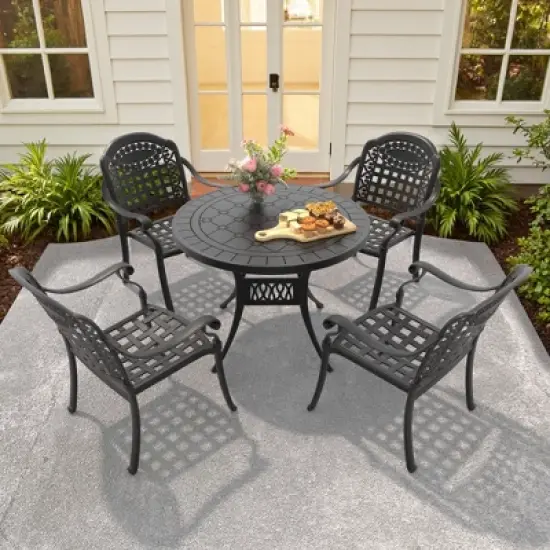 5-Piece Cast Aluminum Outdoor Dining Set with Blue Cushions, Round Table & Stackable Chairs - for Patio, Backyard image {1}