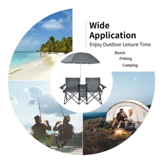 Portable Folding Picnic Double Chair W/Umbrella Table Cooler Beach Camping Turquoise\Black\Red\Gray image {6}