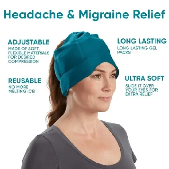 Headache, Migraine, & Stress Relief Hat - Natural Ice Mask for Tension & Muscle Pain - Stretchy, Comfortable, & Cool Wearable &ndash; Teal image {5}
