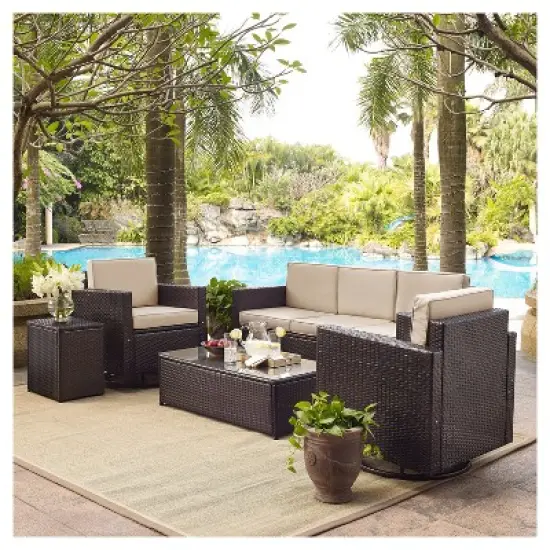 Palm Harbor 5pc All-Weather Wicker Patio Sofa Conversation Set w/Swivel Chairs - Crosley image {3}