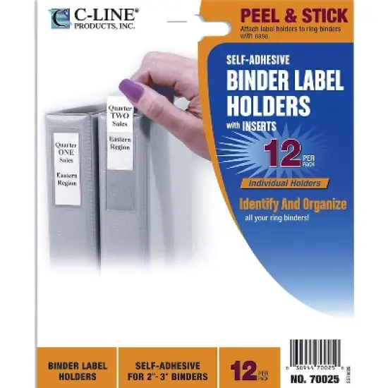 C-Line Self-Adhesive Ring Binder Label Holders Top Load 1-3/4 x 3-1/4 Clear 12/Pack 70025 image {2}