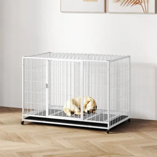 XBRIGH 42/38 Inch Dog Crates for Meidum Small Dogs Folding Metal Wire Cages Dog Kennels Pet Cage with Double-Door, Removable Tray White image {6}