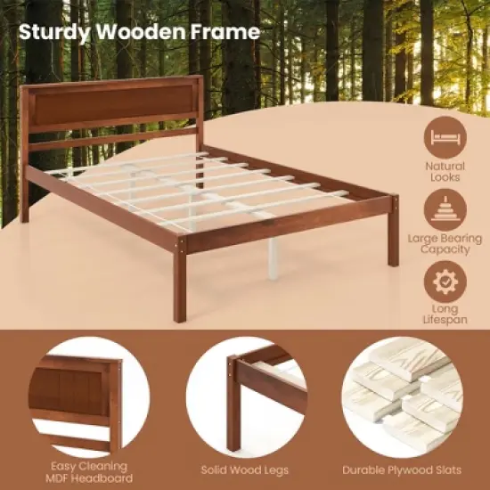 Costway Full/Queen/Twin Size Wooden Platform Bed Frame with Headboard Mattress Foundation Walnut image {5}