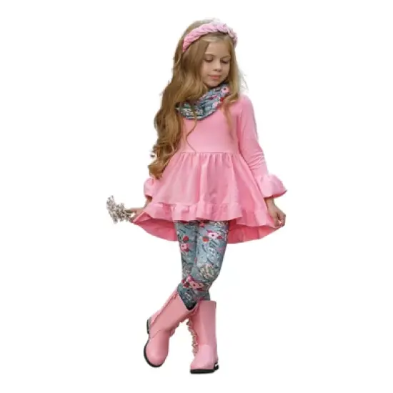 Girls Flawless Hi-Lo Ruffle Tunic, Floral Leggings & Scarf Set - Mia Belle Girls image {6}