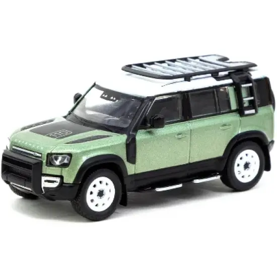 Land Rover Defender 110 with Roof Rack Light Green Metallic with White Top 1/64 Diecast Model Car by Tarmac Works image {1}