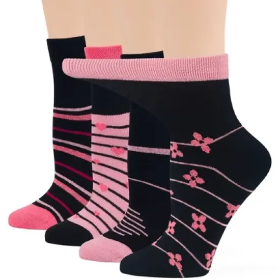 Women's Cotton Diabetic Quarter Patterned Socks - 4 Pack - Shoe Size 5-9 M, 8-12 L - Heart, Stripe, Flower - Black, Blue | 7BIGSTARS KINGDOM image {7}