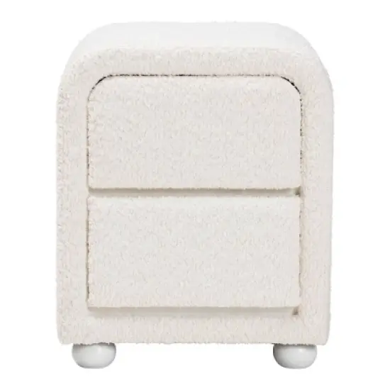 Baxton Studio Bonilla Teddy Bear Fabric and Rubberwood 2 Drawer Nightstand White: Polyester, MDF, Modern Design image {3}