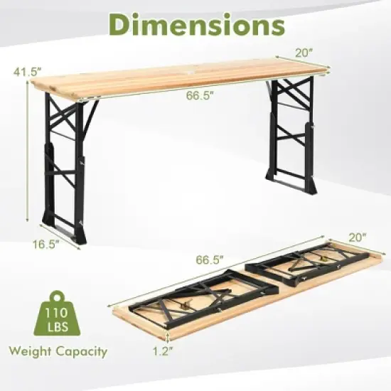 Costway 5.5 Ft Outdoor Folding Wood Picnic Table Height Adjustable Metal Frame image {2}