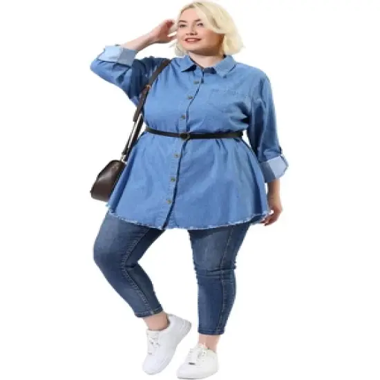 Agnes Orinda Women's Plus Size Lightweight Button Down Denim Long Sleeve Shirt Jacket image {2}
