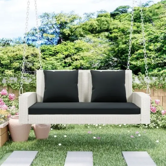 MAYEERTY Wicker Hanging Sofa Swing - White Cushion, Rattan Patio Seat for Garden Entertaining image {13}