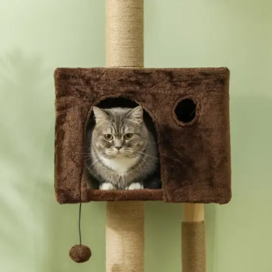 PawHut Floor to Ceiling Cat Tree, Adjustable Height 89"-104" Cat Tower with Cat Condo, Scratching Posts, Perches, 3-Steps, Hanging Ball & Anti-Tip Kit image {5}