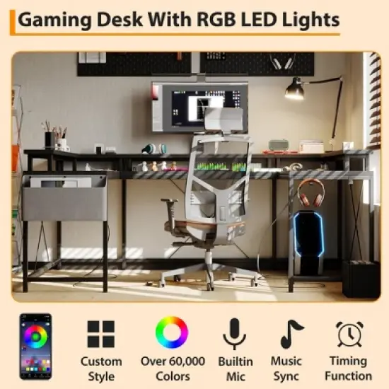U Shaped Desk, 126 Inch Gaming Desk with Monitor Stand and LED Lights, Reversible Shaped Large Computer Desk with Power Outlets, Office Desk image {4}