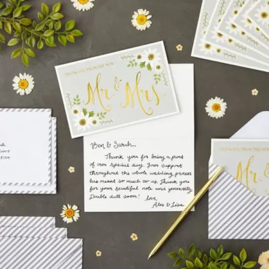 Sustainable Greetings 48-Pack Gold Foil Thank You From The New Mr and Mrs Cards with Envelopes, Bulk Decorative Striped Cards for Wedding, 4 x 6 in image {1}