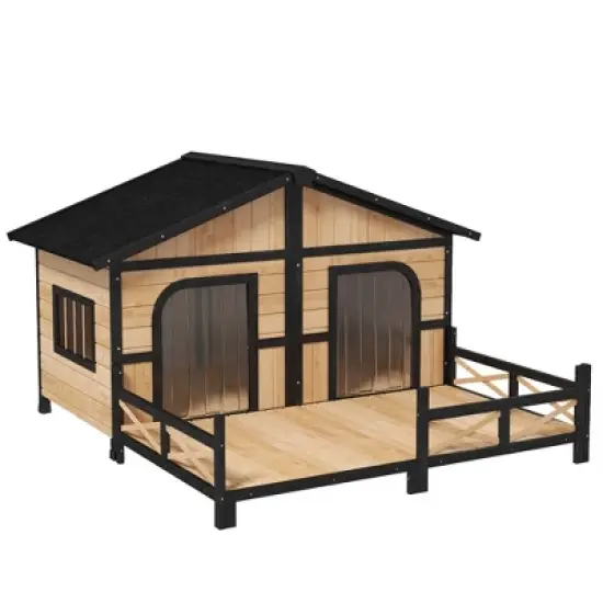 PawHut 59"x64"x39" Wood Large Dog House Cabin Style Elevated Pet Shelter w/Porch Deck image {8}