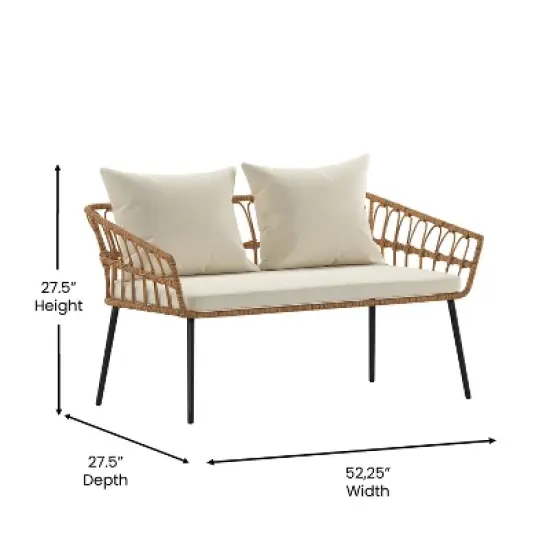 Emma and Oliver Four Piece Indoor/Outdoor Boho Open Weave Natural Rattan Rope Patio Set with Two Chairs, Loveseat and Table with Cushions image {8}
