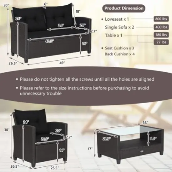 Tangkula Patio Rattan 4PCS Cushioned Chair Coffee Table Classic Furniture Set Bistro Set Single Sofa with Thick Cushion for Garden Navy/Red/Turquoise image {6}