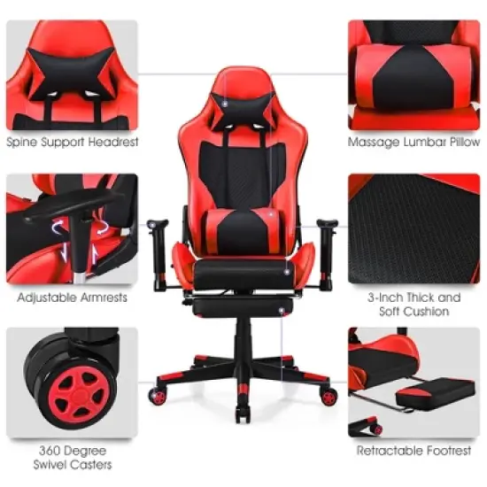 Costway  Gaming Chair Massage Reclining Racing Office Computer Chair with Footrest Red image {9}