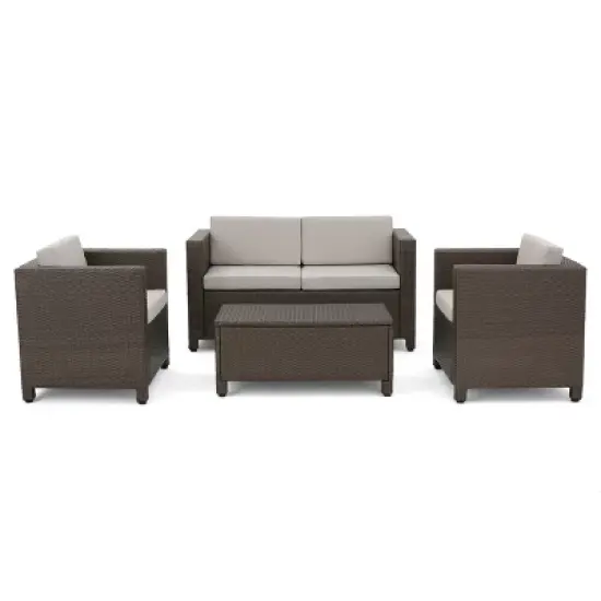 Puerta 4pc Wicker Chat Set - Light Brown/Ceramic Gray - Christopher Knight Home image {1}