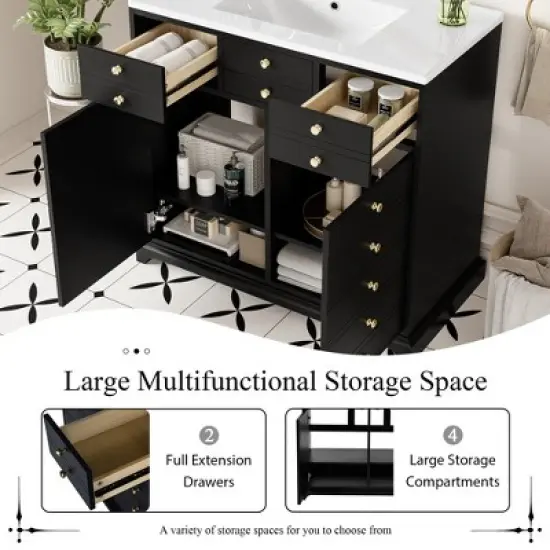 36'' Retro Bathroom Vanity with Ceramic Sink, Solid Wood Frame Freestanding Storage Cabinet with Soft-Close Doors & Drawers - ModernLuxe image {4}