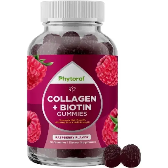 Hydrolized Collagen + Biotin Gummies, Pure Collagen Supplement for Healthy Hair Growth, Glowing Skin & Nail Care, Raspberry Flavor, Phytoral, 90ct image {8}