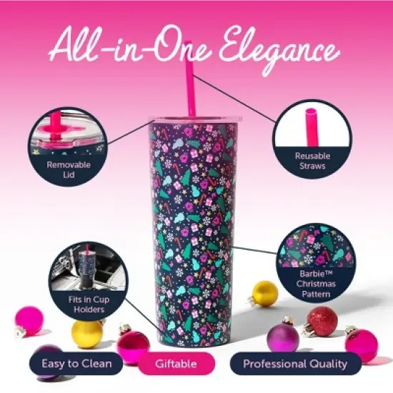 Barbie x Dragon Glassware 24 oz Vacuum Insulated Tumbler with Lid and Straws Christmas image {4}