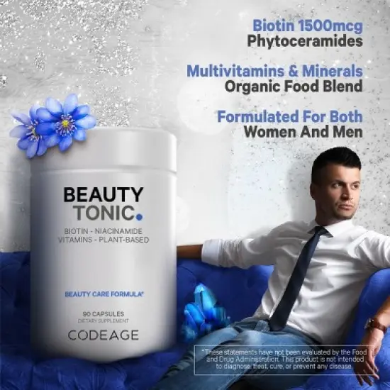 Codeage Beauty Tonic, Biotin, Vitamin C & E, Vegan Collagen Builder Daily Supplement - 90ct image {6}