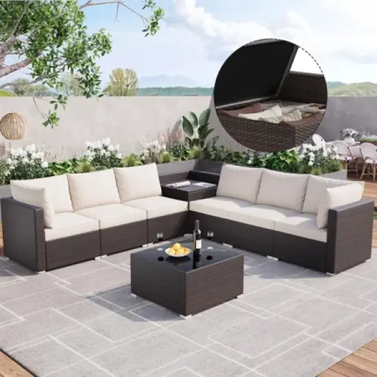 Garvee 8 Pieces Outdoor Patio Furniture Set with Storage, 4 Inch Cushions Outdoor Wicker Rattan Patio Furniture Sectional Set with Glass Table, Brown image {7}