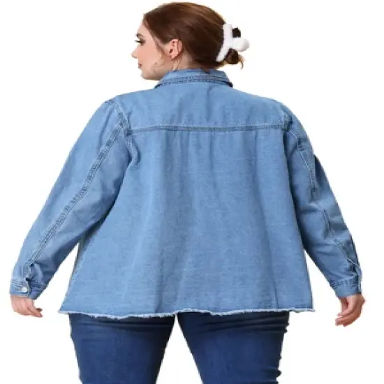 Agnes Orinda Women's Plus Size Jacket Casual Washed Frayed Denim Jackets image {3}