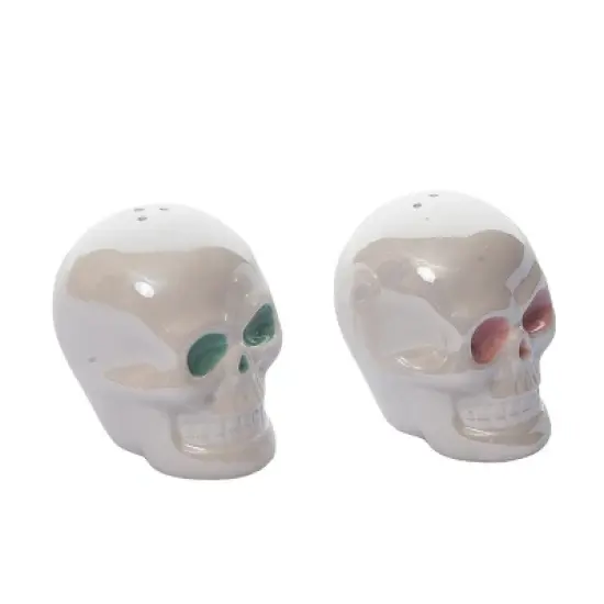 Transpac Dolomite 3 Inch Off White Halloween Iridescent Skull Salt and Pepper Shaker Set of 2 for Spooky Decor image {3}