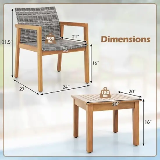 Tangkula 3 Pieces Patio Furniture Set PE Rattan Patio Bistro Set with Chairs & Coffee Table Outdoor Acacia Wood Conversation Set for Garden image {8}