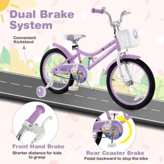 Costway Girl Bike with Basket Detachable Training Wheels Adjustable Seat Handbrake Coaster Brake Purple image {6}