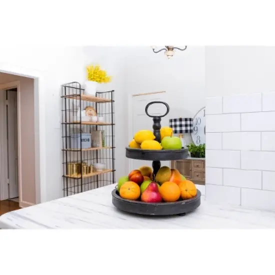 2 Tier 15" x 18.5" Distressed Wood Tray with Metal Handle Black - Storied Home image {1}