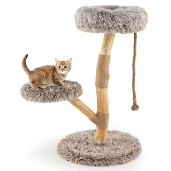Tangkula Solid Wood Cat Tower Modern Cat Scratching Tree w/Luxurious Perch Teasing Rope image {7}
