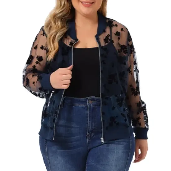 Agnes Orinda Women's Plus Size Bomber Mesh Sheer Floral Lace Long Sleeve Jackets image {8}