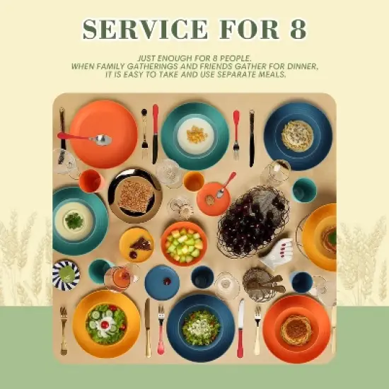 Itopfox Wheat Straw Dinnerware Set of 32, Unbreakable Plates and Bowls for 8, Dishwasher Safe for Kitchen and Camping, Vibrant Series image {6}