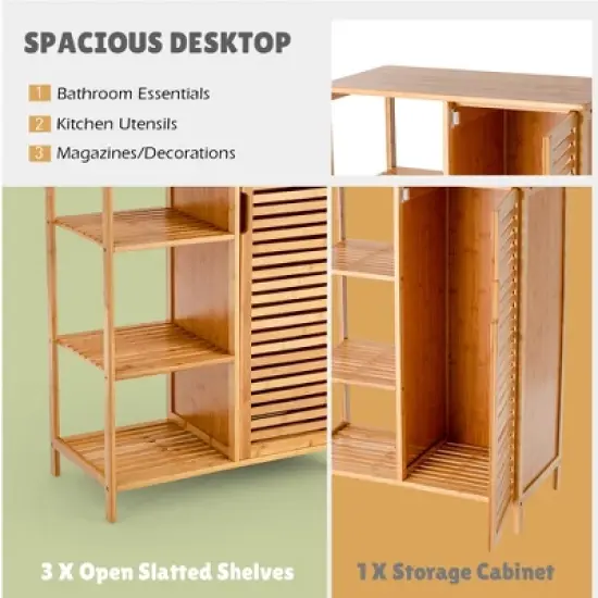 Costway Bathroom Cabinet Bamboo Storage Floor Cabinet w/ Single Door & 3 Open Shelves image {7}