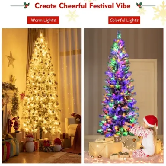 Costway 8FT Pre-Lit Hinged Christmas Tree Snow Flocked w/ 9 Modes Remote Control Lights image {8}