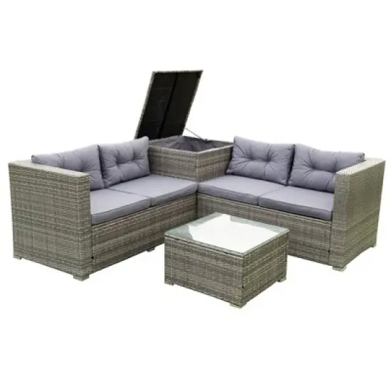4pc Wicker Patio Conversation Seating Set with Thick Cushions - Gray - GODEER image {13}