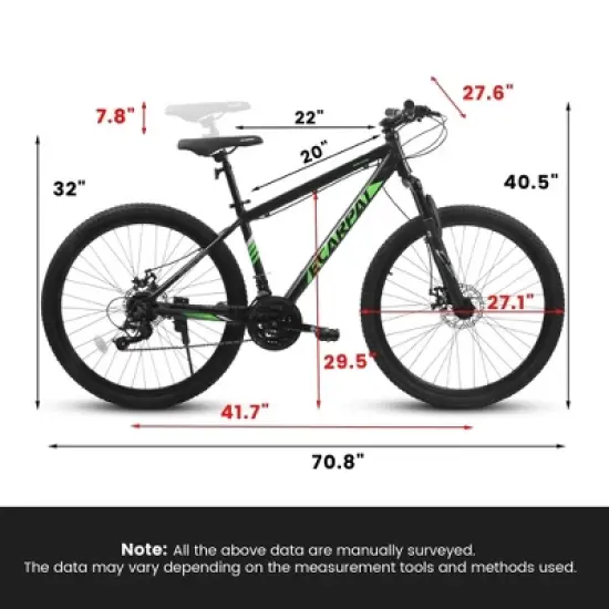 NAYSAYE Bicycle 27 Inch Mountain Bike 21 Speed with Suspension Fork and Disc Brakes for Men and Women, Black, 53.54"*7.68"*28.35" image {3}