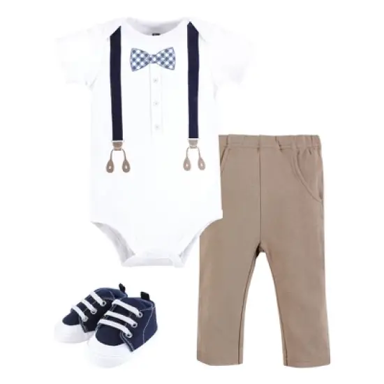 Hudson Baby Infant Boy Cotton Bodysuit, Pant and Shoe Set, Blue Gingham Bow Tie image {5}