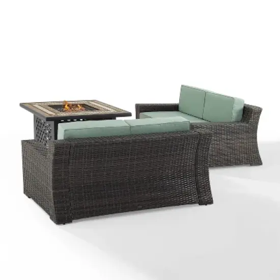Beaufort 3 Pc Outdoor Wicker Conversation Set - 2 Loveseats with Fire Table - Mist/Brown - Crosley image {2}