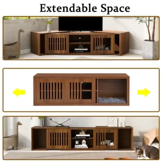Gulches Walnut Mid-Century Modern Pet Friendly TV Stand with Extendable Table image {3}