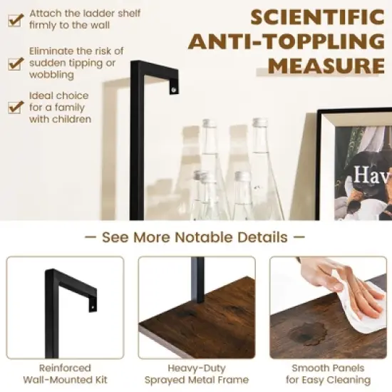 Costway 5 Tier Ladder Shelf 71'' Height Wall-Mounted Bookshelf Display Storage Organizer Brown/Natural/White image {7}