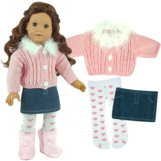Sophia&rsquo;s 3 Piece Feather Trim Sweater Outfit Set for 18'' Dolls, Pink image {2}