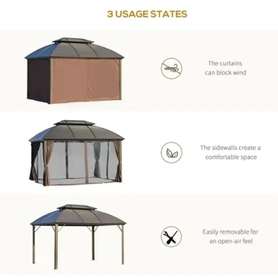 Outsunny 10' x 12' Hardtop Gazebo with Galvanized Steel Rounded Double Roof, Aluminum Frame, Pavilion Gazebo with Netting, Hooks, and Curtains, Brown image {4}