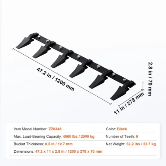 VEVOR Bucket Tooth Bar, 48'', Heavy Duty Tractor Bucket 6 Teeth Bar for Loader Tractor Skidsteer, 4560 lbs Load-Bearing Capacity, Black image {7}