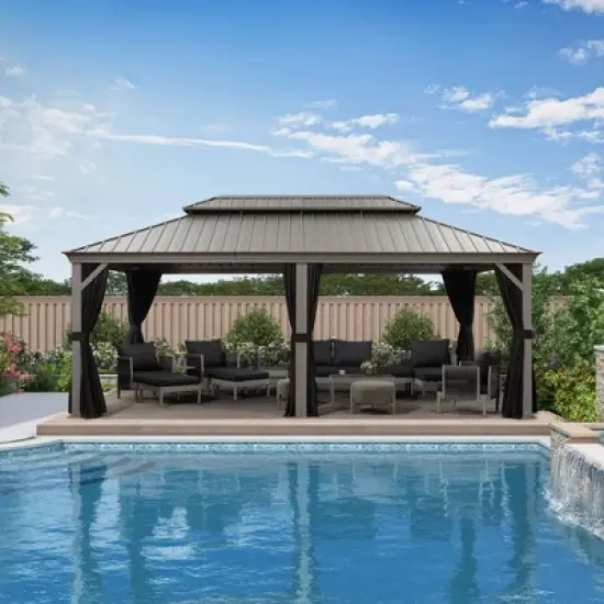 PURPLE LEAF Outdoor Gazebo Aluminum Frame Galvanized Steel Double Roof Patio Hardtop Gazebo with Curtains and Netting for Patio Lawn and Garden image {23}