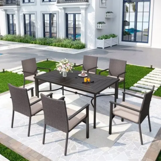 Captiva Designs 7pc Outdoor Patio Black Steel Dining Table with Umbrella Hole & Cushioned Armrest Rattan Chairs image {15}
