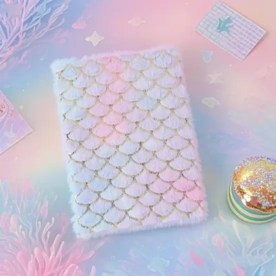 Paaaawaters Fish scale plush notebook A5 diary can be used for study and office suitable for gifts for girls mermaid shell ocean cute princess style image {1}
